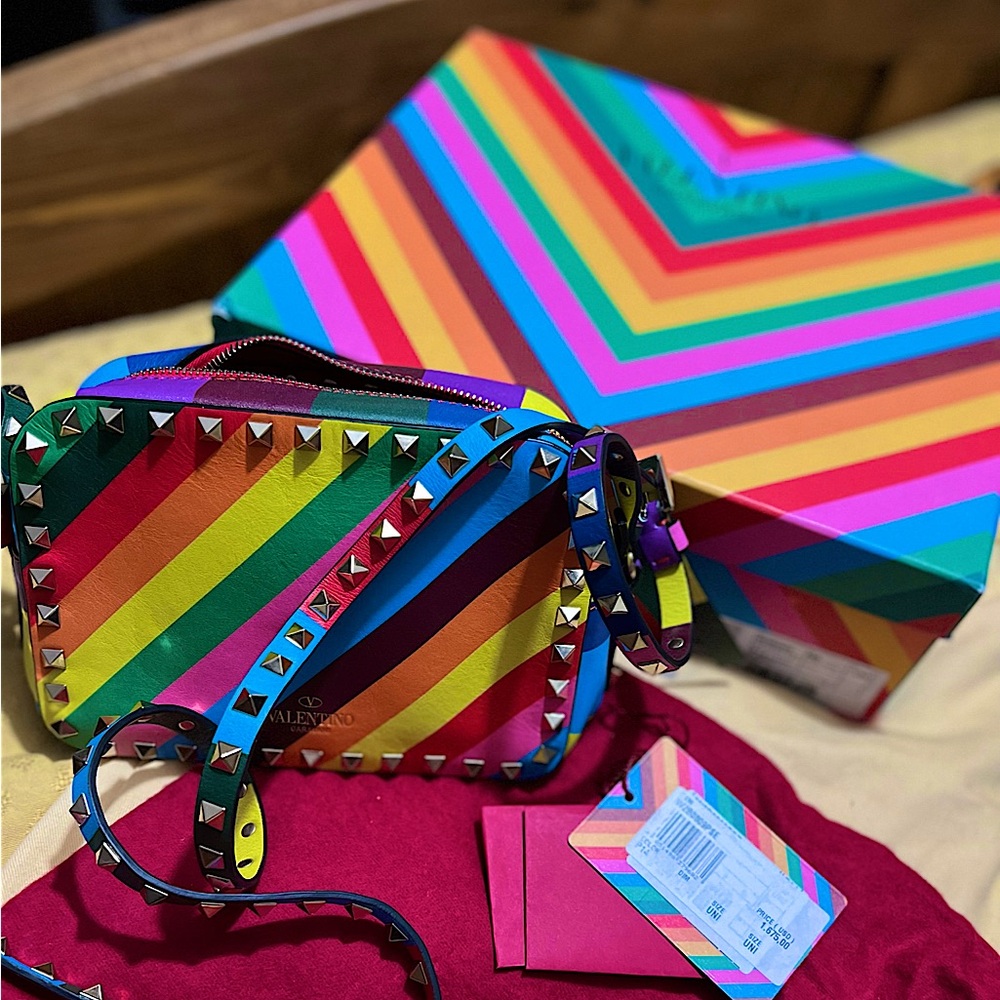 Authentic limited   Valentino Multicolor (rainbow) Leather Rockstud Camera Bag